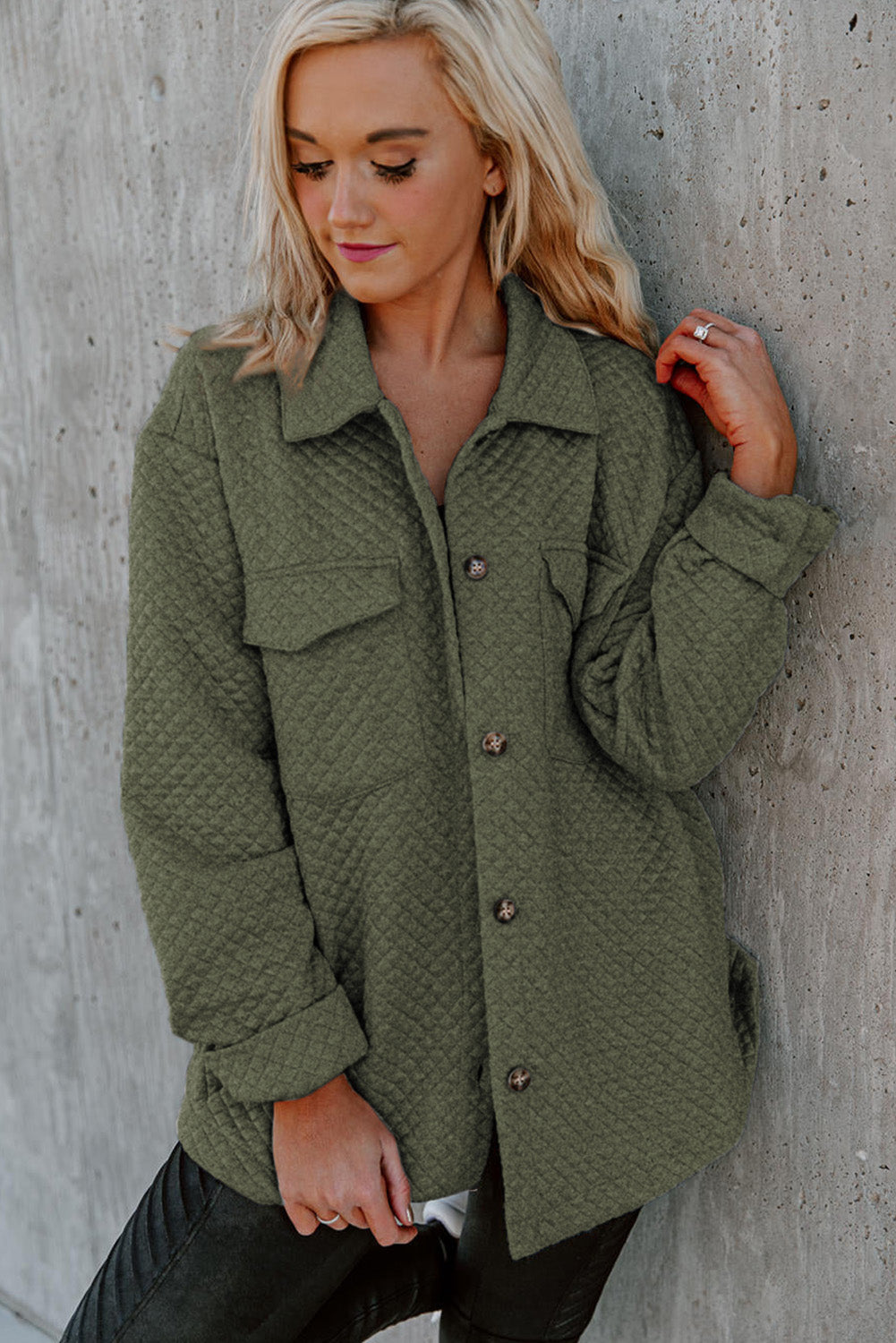 Groene Retro Quilted Flap Pocket Knoop Shacket