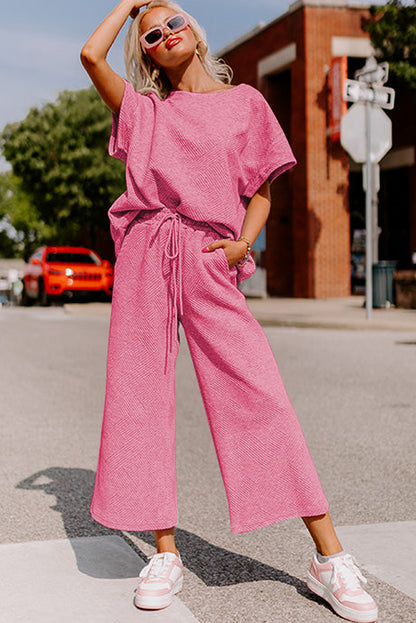 Black Textured Loose Fit T Shirt and Drawstring Pants Set