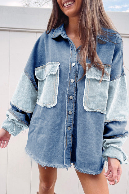 Blauwe kleurblok gerafeld patchwork oversized denim jack