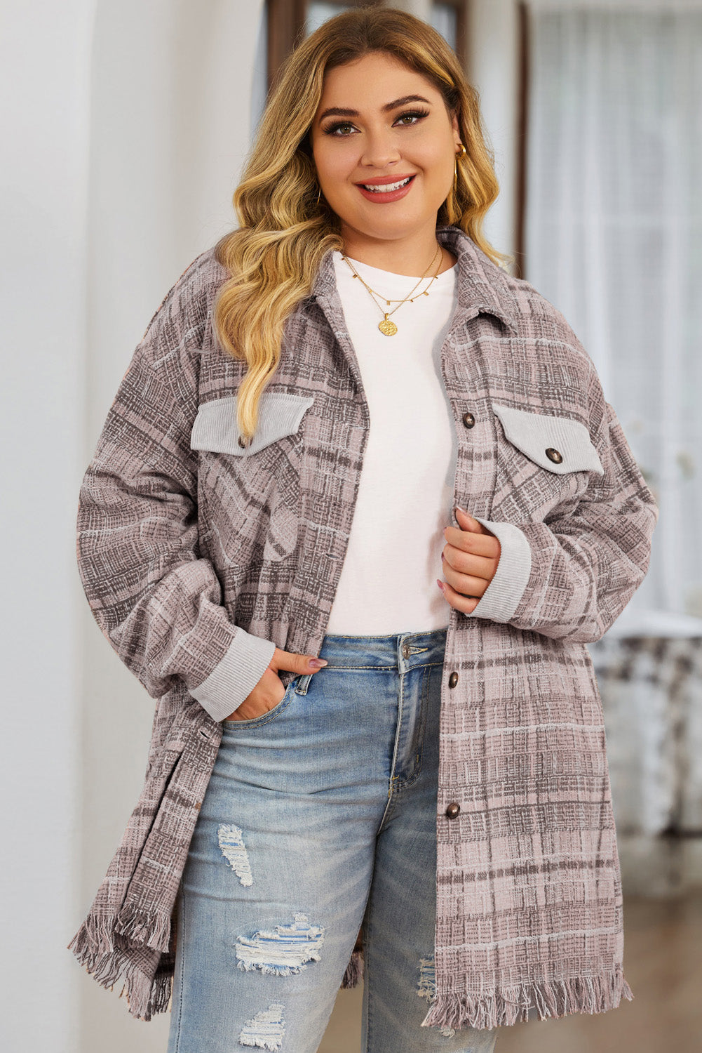 Roze Plus Size Macrame Plaid Jas