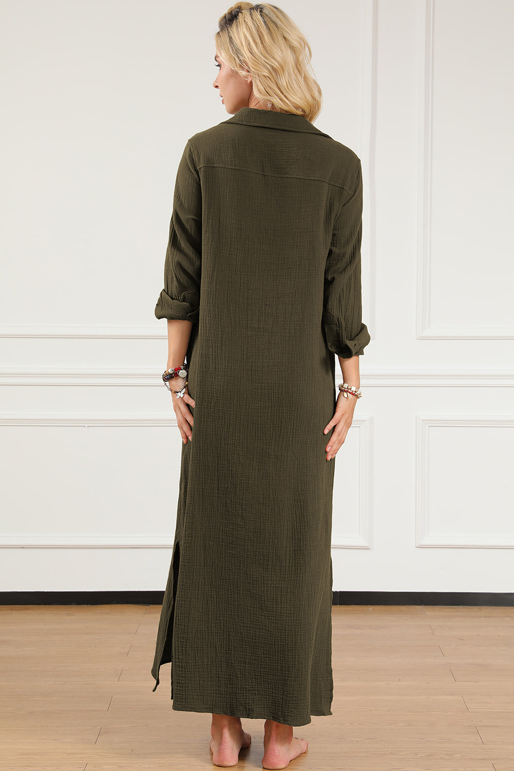 Groene gekreukte, casual split-shirt maxi-jurk met knopen