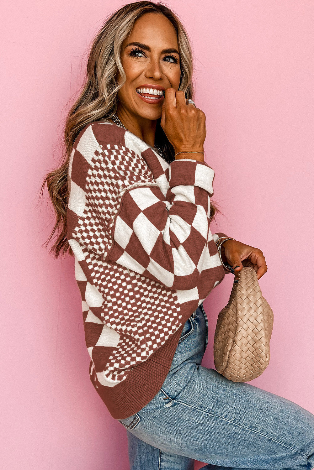 Khaki Checkered Print Drop Shoulder Round Neck Sweater