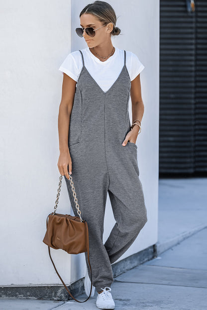 Grijze, getextureerde, mouwloze, V-hals, casual jumpsuit met zakken