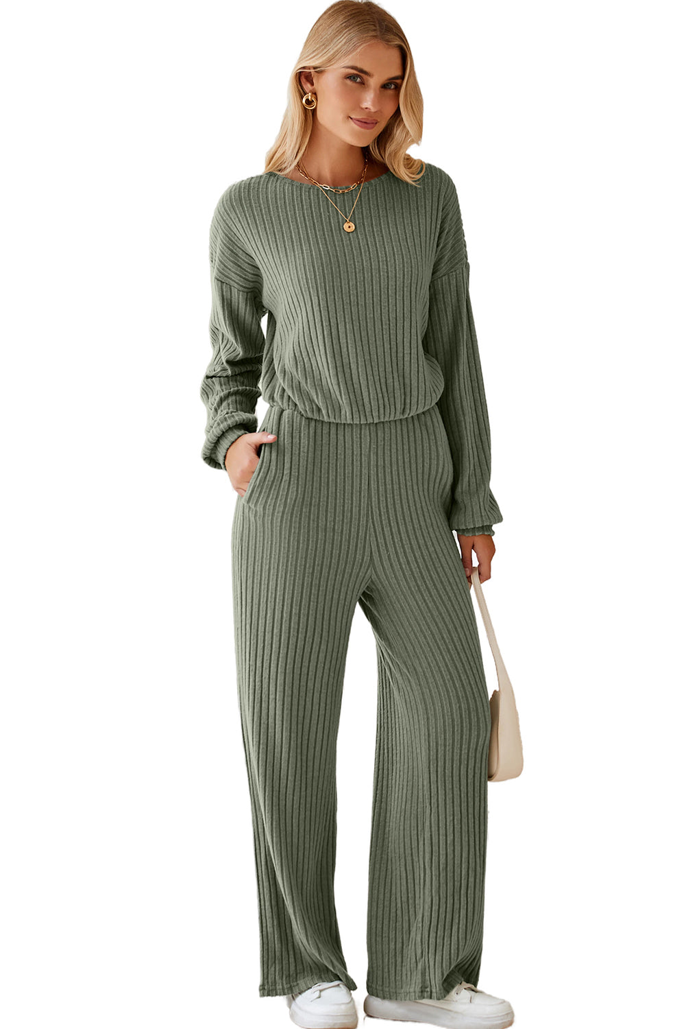 Black Solid Ribbed Knit Keyhole Back High Waist Jumpsuit