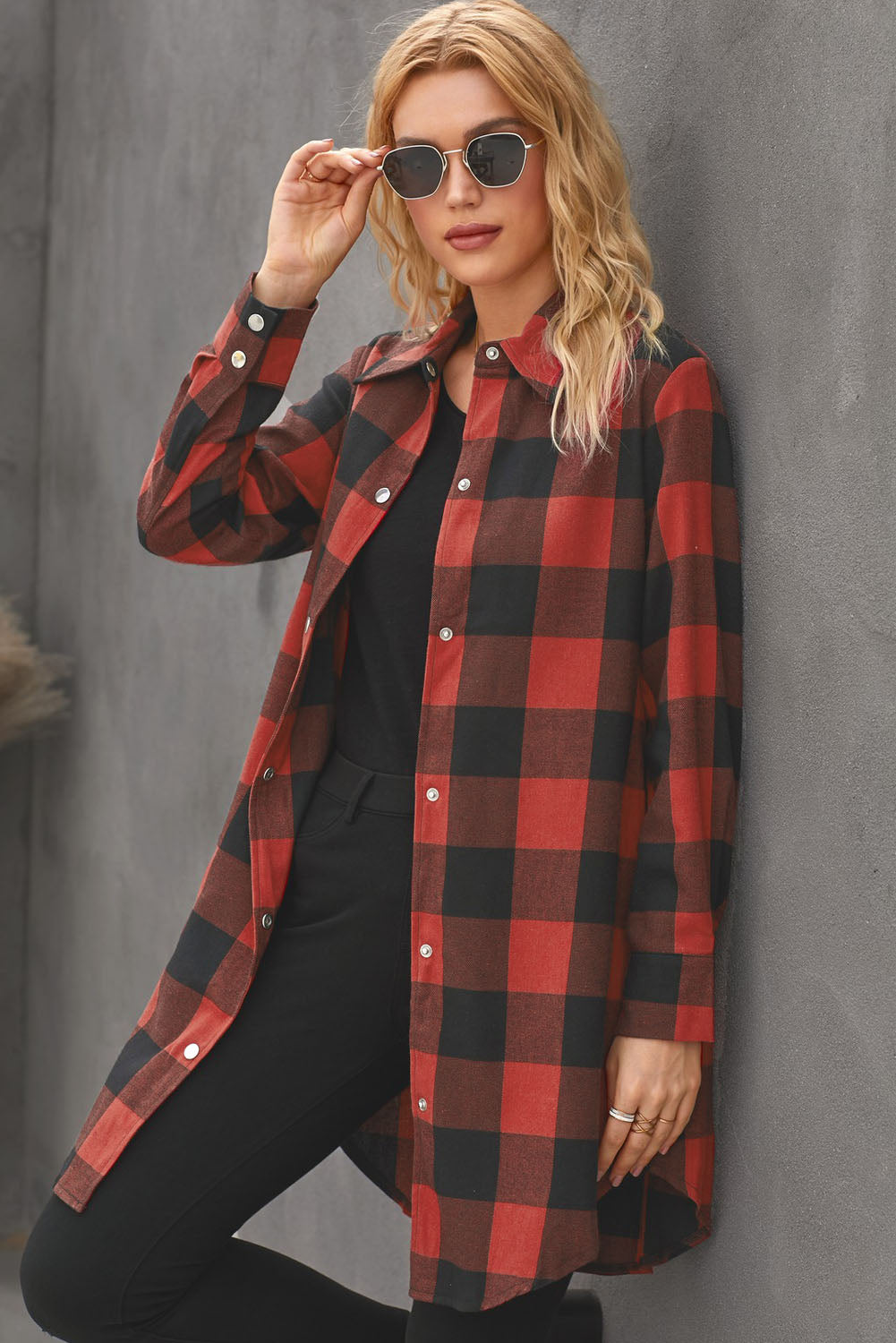 Brown Turn-down Collar Plaid Shirt Coat