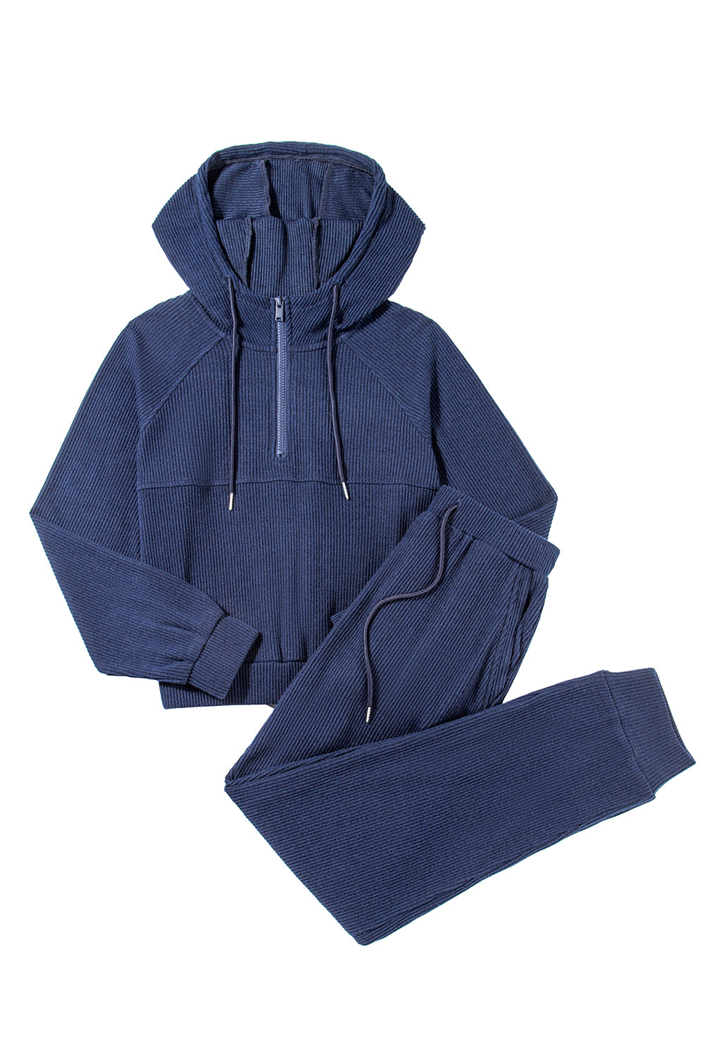 Marineblauwe geribbelde gebreide cropped hoodie en trekkoordjoggingbroekset