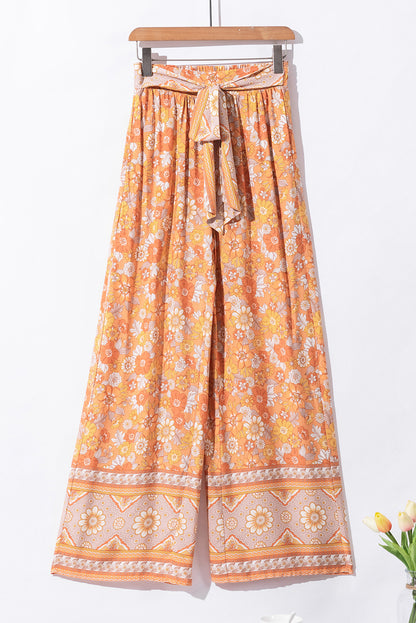 Grapefruit Oranje Strik Taille Boho Bloemen Wijde Pijp Broek