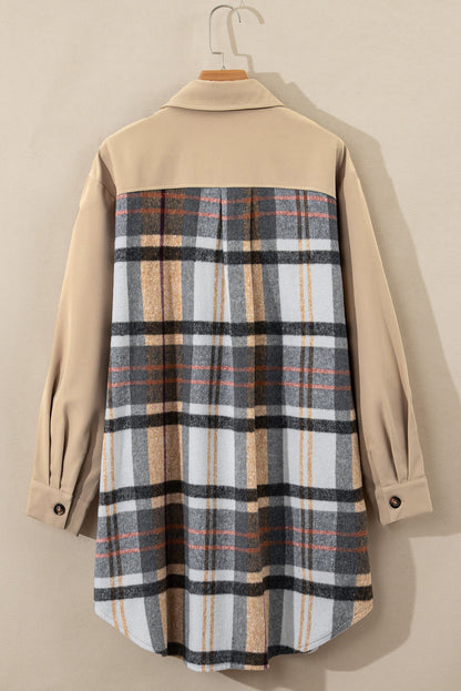 Khaki Plaid Patchwork Lange Mouw Shirt Mini Jurk