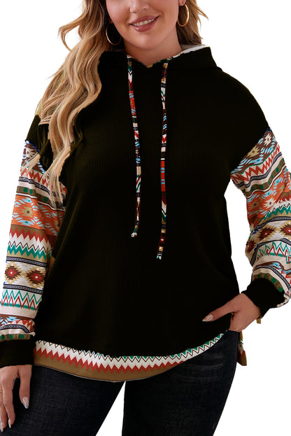 Rookgrijze Aztec Patchwork Mouw Wafel Trekkoord Plus Hoodie