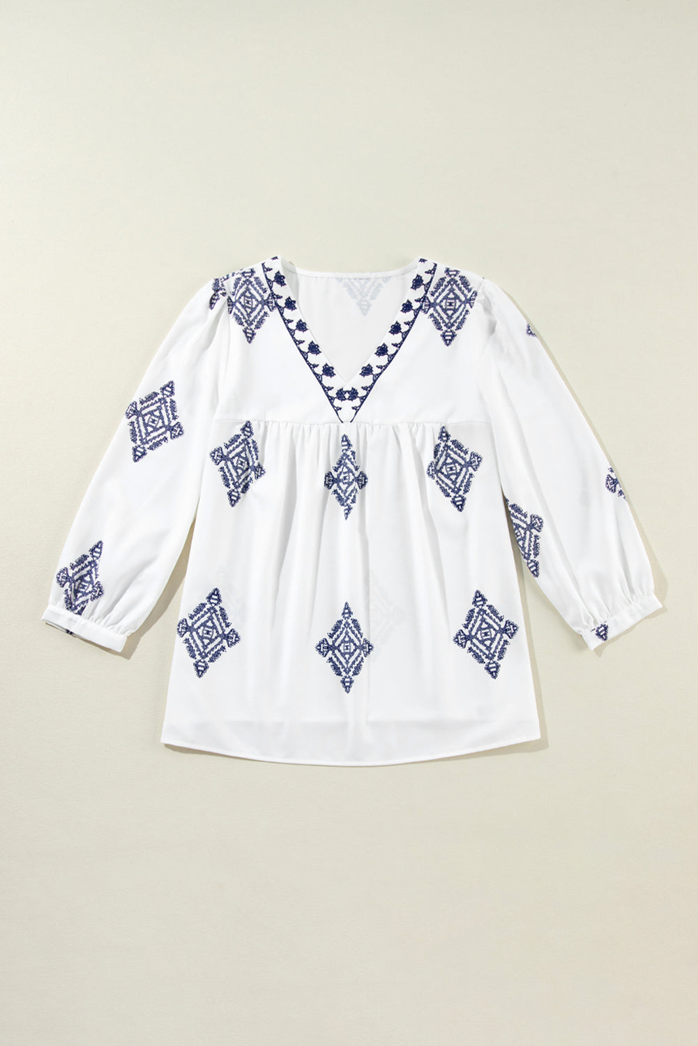 Witte Boho Geometrische Print Armband Mouw V Hals Blouse