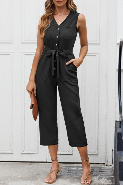 Zwarte geknoopte mouwloze cropped jumpsuit met sjerp