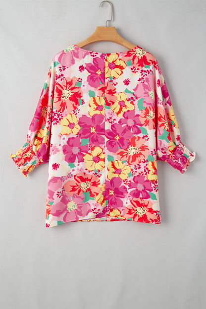 Roze geplooide manchetten 3/4 mouw bloemenblouse