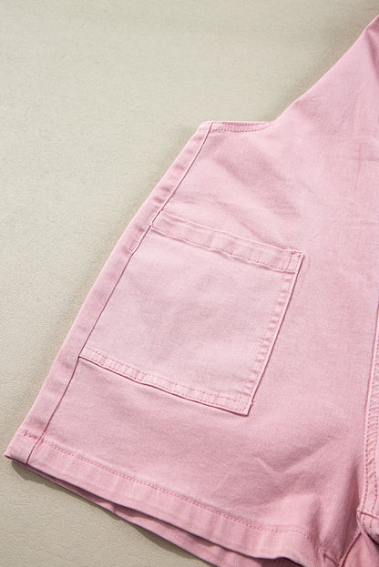 Roze effen denim romper met knoopbandjes en zakken