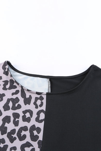 Gray Contrast Solid Leopard Short Sleeve T-shirt Dress with Slits