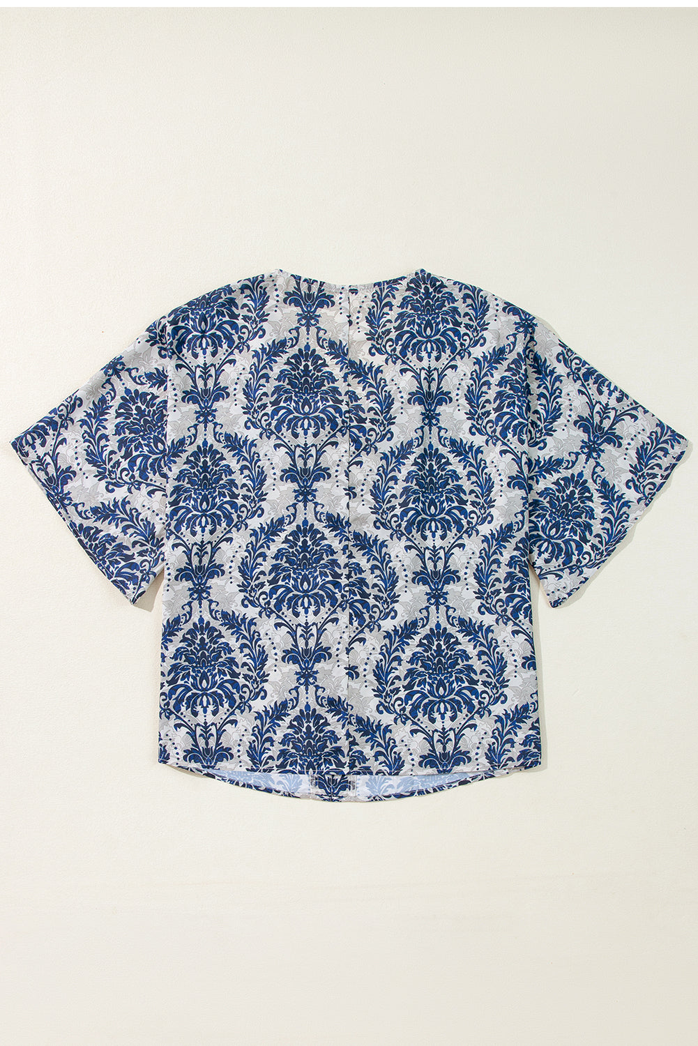 Blauwe Vintage Flower Tree Kwart Mouw V Hals Blouse