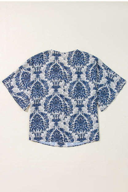 Blauwe Vintage Flower Tree Kwart Mouw V Hals Blouse