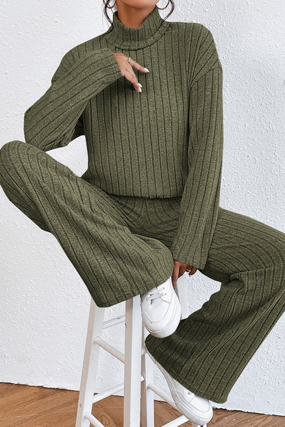 Jungle Green Ribbed Knit High Neck Loose Top and Pants Set