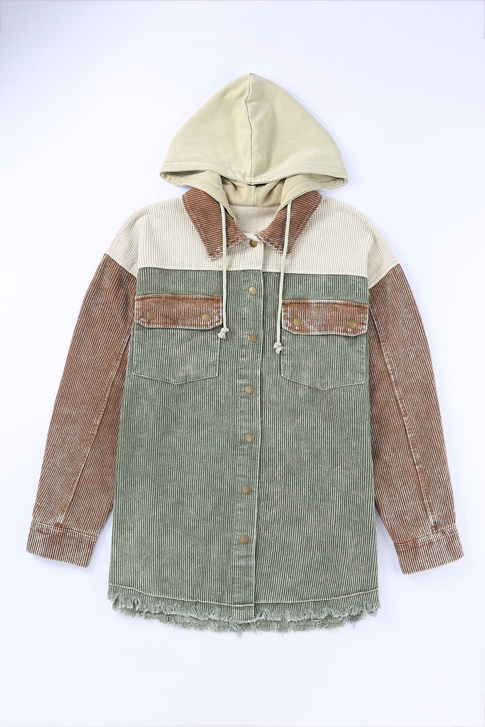 Groene kleurblok corduroy jack met capuchon en knoopsluiting