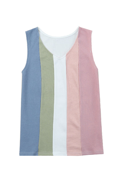 Meerkleurige tanktop met wafelpatroon en V-hals in kleurblokken