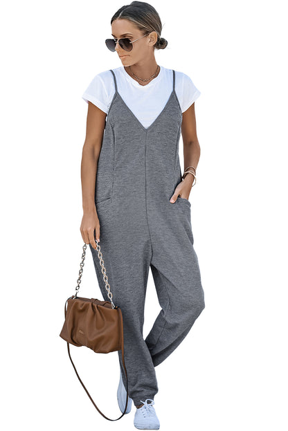 Grijze, getextureerde, mouwloze, V-hals, casual jumpsuit met zakken