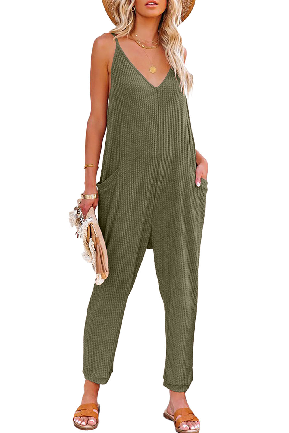 Grijze, getextureerde, mouwloze, V-hals, casual jumpsuit met zakken