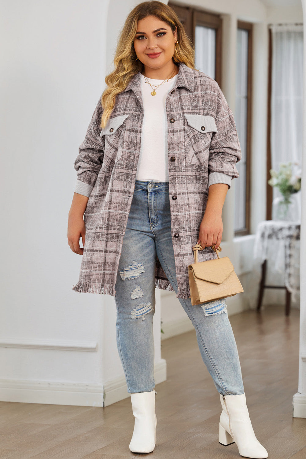 Roze Plus Size Macrame Plaid Jas