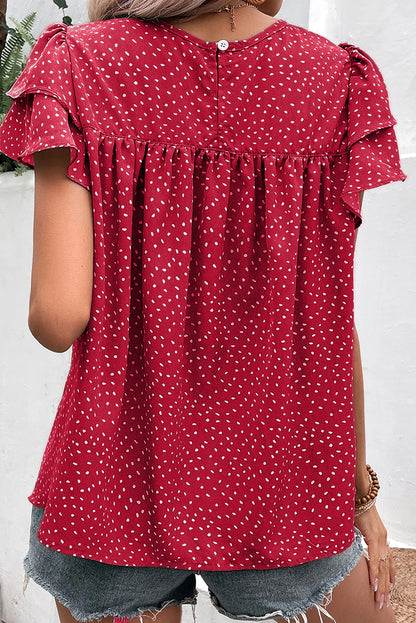 Laurel Green Dotted Ruffle Sleeve Crew Neck Ruched Blouse