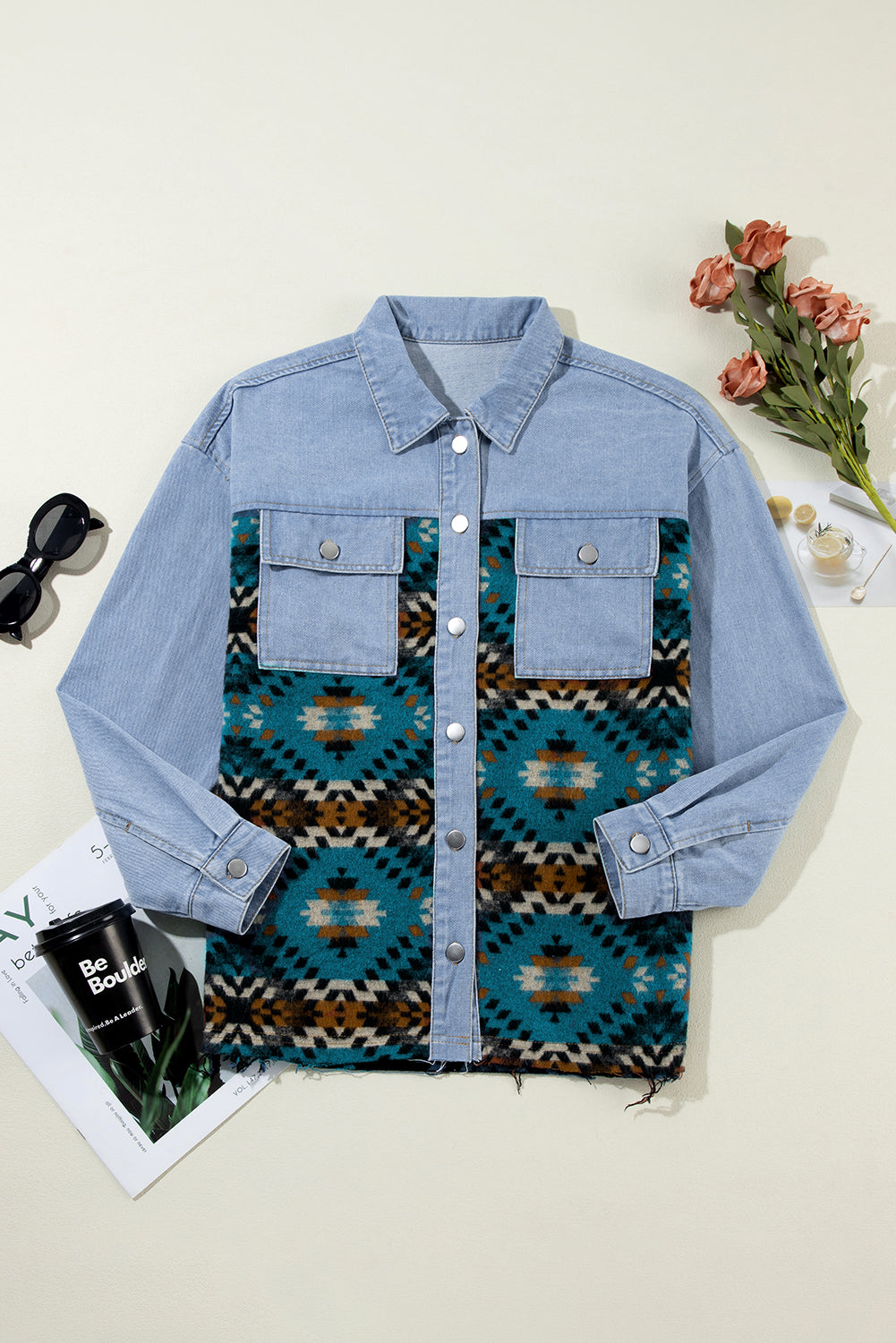 Blauwe Azteekse denimjas met print