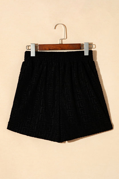 Black Solid Geometric Textured Loose Two Piece Shorts Set