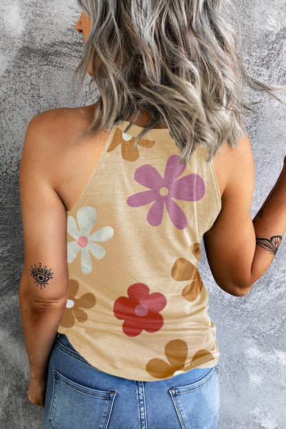 Kaki tanktop met ronde hals en bloemenprint