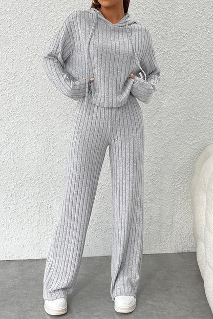 Gray Ribbed Knit Slouchy Hoodie Wide Leg Pants Set