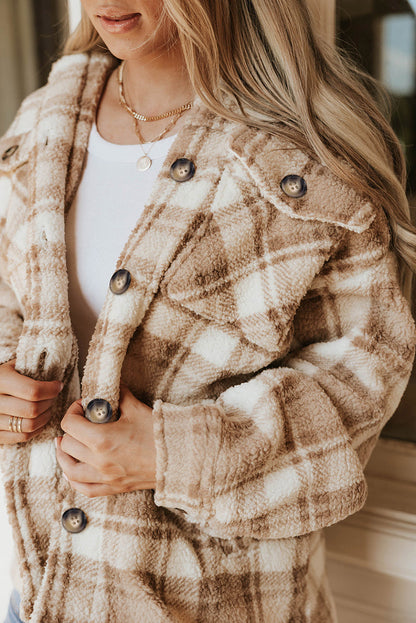 Khaki Sherpa Plaid-jas met knoopsluiting en zakken