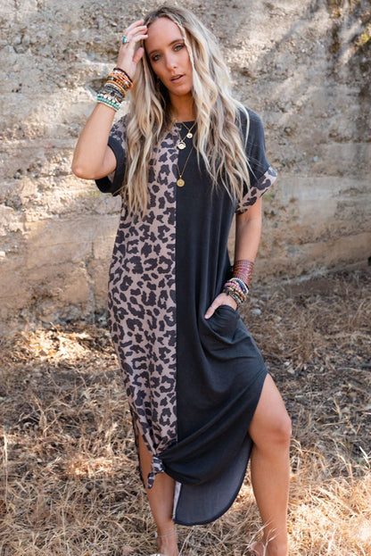 Gray Contrast Solid Leopard Short Sleeve T-shirt Dress with Slits