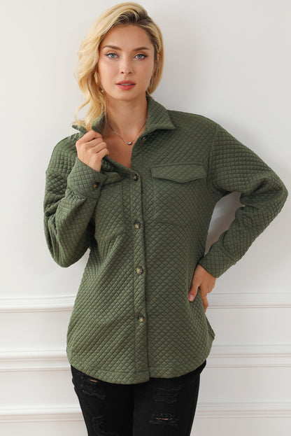 Groene Retro Quilted Flap Pocket Knoop Shacket