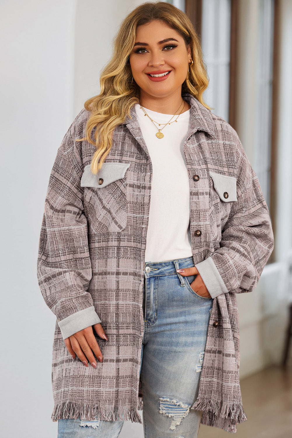 Roze Plus Size Macrame Plaid Jas