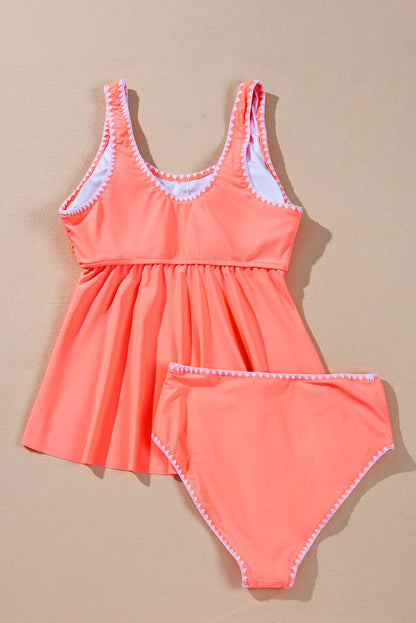 Fresh Salmon Contrast Trim Ruffled Peplum Top Tankini Swimsuit