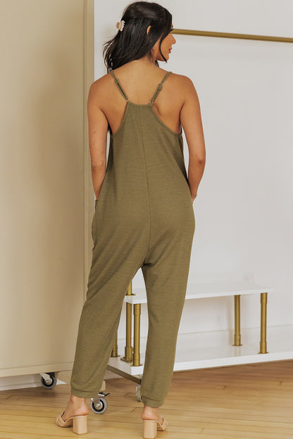 Grijze, getextureerde, mouwloze, V-hals, casual jumpsuit met zakken