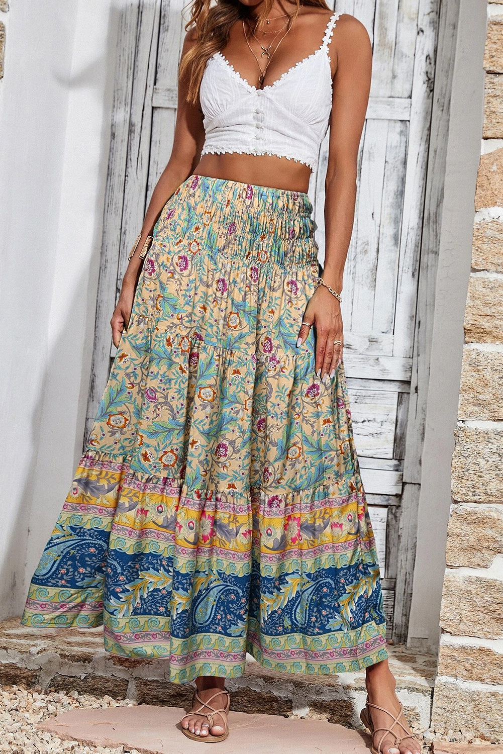 Hemelsblauwe Boho Bloemen &amp; Paisley Print Geplooide Taille Lange Rok