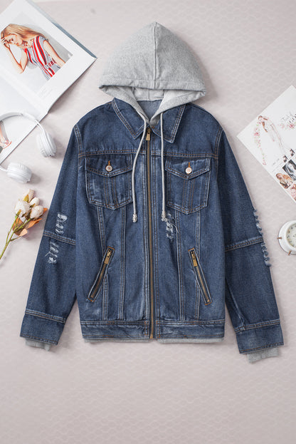 Donkerblauw nep tweedelig denim jack met capuchon en rits