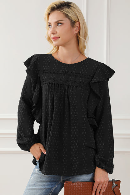 Zwartgroene kanten blouse met ruches op de schouder en lange mouwen