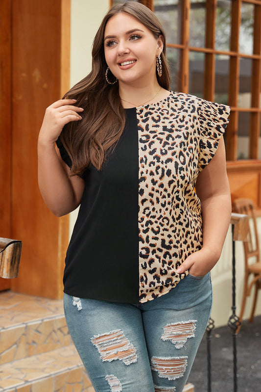 Zwarte luipaard contrasterende blok flutter mouw plus size top