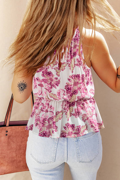 Pitaya roze uitgeholde halternek bloemen peplum tanktop