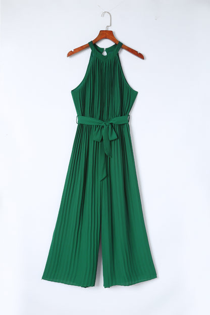 Groene halternek geplooide wijde jumpsuit met riem