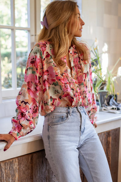 Red Floral Print Ruffled Stitch Buttoned Loose Fit Shirt