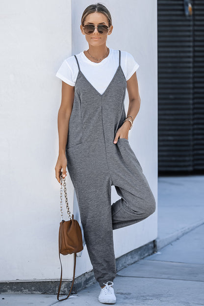 Grijze, getextureerde, mouwloze, V-hals, casual jumpsuit met zakken