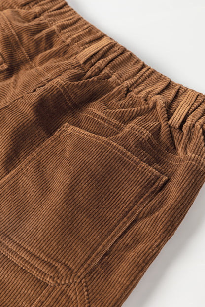 Brown Vintage Elastic Waist Back Pocketed Corduroy Shorts