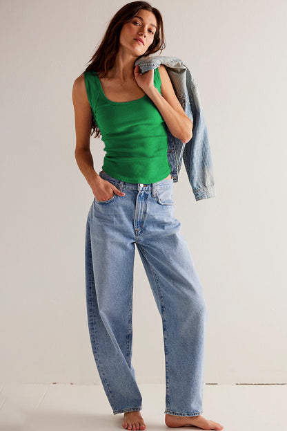 Bonbon geribbelde cropped tanktop met zichtbare naden