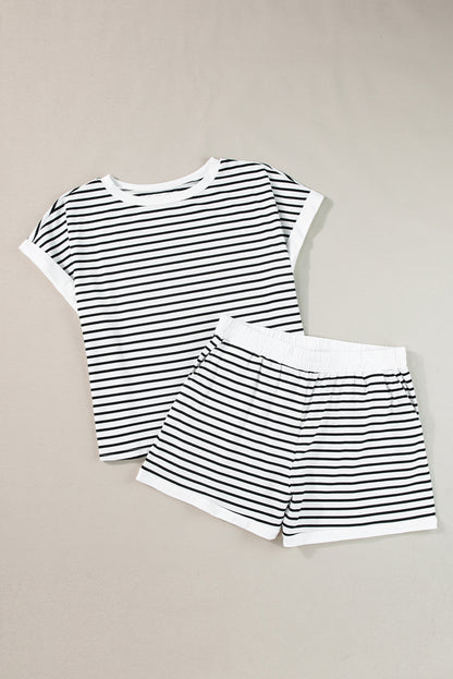 White Stripe Contrast Edge Tee and Shorts Set