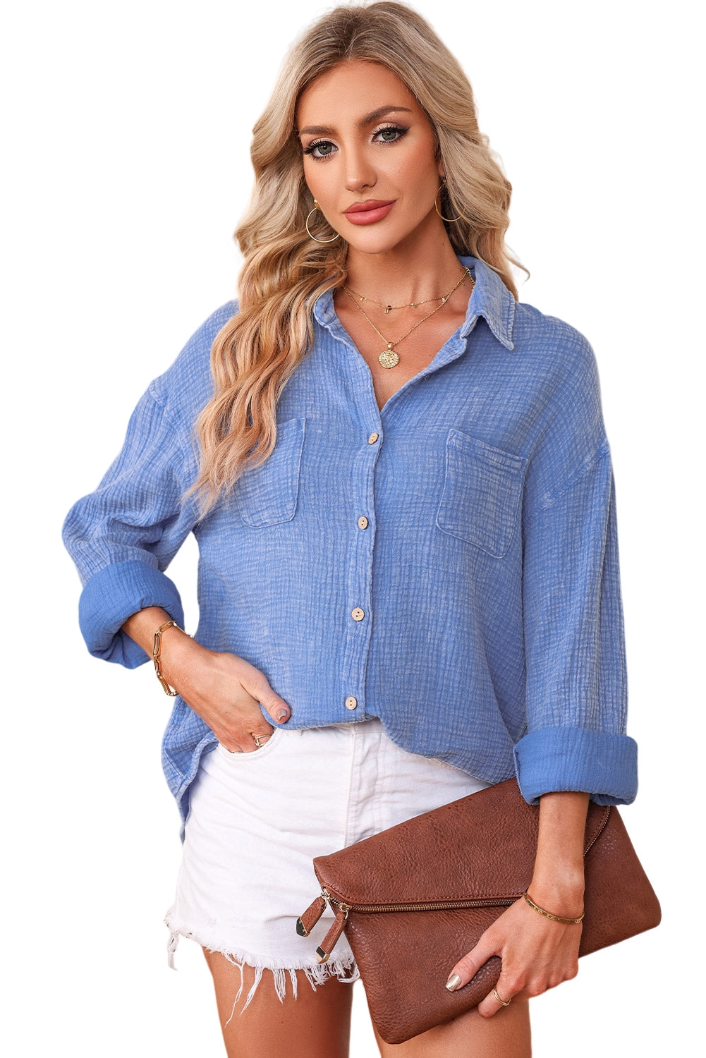 Black Mineral Wash Crinkle Textured Chest Pockets Shirt