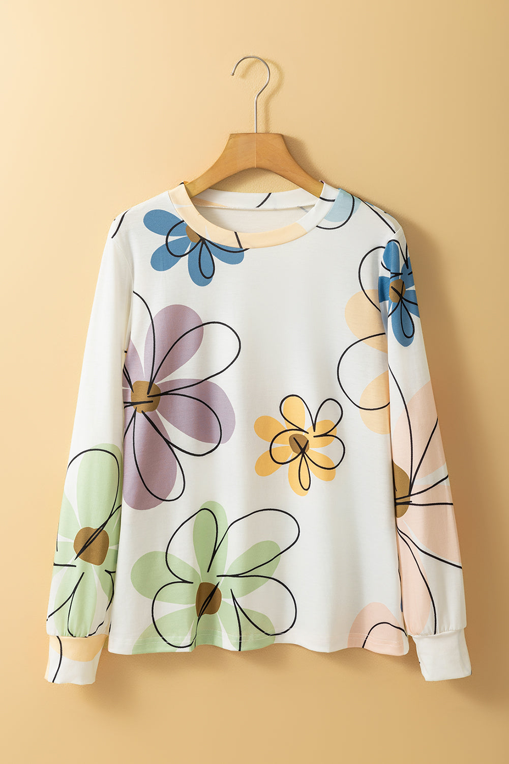 Beige bloemenprint ronde hals lange mouw T-shirt